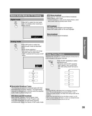 Page 3535
Basic Operation
Press SAP to select the next audio 
track (if available) when receiving a 
digital channel. 
Digital mode
Select Audio Mode for TV Viewing
Audio track 1 of 1
(English)
Analog mode
Press  SAP button to select the 
desired audio mode as described 
below.
(Arrow shows selection.)
• Each press of SAP button will change 
the audio mode as shown below.
• “SAP” is selected with first press of SAP 
button.
Stereo
SAP
Mono
Stereo
SAP
Mono
  Sleep Timer Feature
Press SLEEP repeatedly to select...