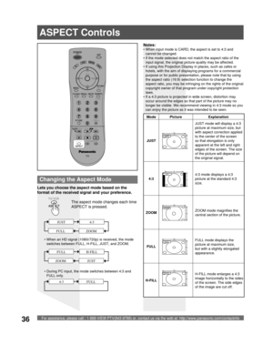 Page 36For assistance, please call : 1-888-VIEW PTV(843-9788) or, contact us via the web at: http://www.panasonic.com/contactinfo36
Lets you choose the aspect mode based on the 
format of the received signal and your preference.
The aspect mode changes each time 
  ASPECT is pressed.Notes:
• When input mode is CARD, the aspect is set to 4:3 and 
cannot be changed.
• If the mode selected does not match the aspect ratio of the 
input signal, the original picture quality may be affected.
• If using this Projection...