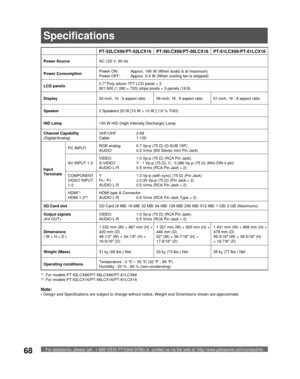 Page 68For assistance, please call : 1-888-VIEW PTV(843-9788) or, contact us via the web at: http://www.panasonic.com/contactinfo68
Note:
• Design and Specifications are subject to change without notice. Weight and Dimensions shown are approximate.
PT-52LCX66/PT-52LCX16 PT-56LCX66/PT-56LCX16 PT-61LCX66/PT-61LCX16
Power SourceAC 120 V, 60 Hz
Power ConsumptionPower ON:  Approx. 190 W (When audio is at maximum)
Power OFF:  Approx. 0.4 W (When cooling fan is stopped)
LCD panels0.7″ Poly silicon TFT LCD panel × 3...