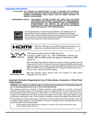 Page 3IMPORTANT INFORMATION
1 z
ENGLISH
Important Information
The Energy Star label, a symbol for energy efficiency, was created by the U.S. 
Environmental Protection Agency (EPA) and the U.S. Department of Energy 
(DOE) to help customers identify products that can save them money and protect 
the environment by saving energy. Energy Star compliant products generally 
consume less energy than similar standard products.
Important Information Regarding the Use of Video Games, Computers, or Other Fixed 
Image...