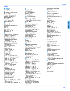 Page 29INDEX
27 z
ENGLISH
Numerics
3D Y/C Filter 19
A
AC Power Supply Cord 5
AI Sound 19
Amplifier Connection 8
Antenna Connection 5
Aspect Button 10
Audio 19
Auto Power On 25
Auto Program 6, 25
B
Balance 19
Basic Menu Navigation 18
Bass 19
BBE 19
BBE Button 10
BBE VIVA 3D 19
Brightness 19
C
Cable / Antenna Connection 5
Cable Box Connection 7
Cable Connection 5
Canadian English 23
Canadian English Rating 
Description 23
Canadian French 23, 24
Canadian French Rating 
Description 24
Care and Cleaning 4
CC Mode...