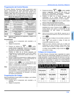 Page 47OPERACIÓN DEL CONTROL REMOTO
15 z
ESPAÑOL
Programación del Control Remoto
El Control Remoto Universal puede programarse para
operar componentes de varios fabricantes usando los
botones de función para VCR, DVD, AUX, RCVR, DTV,
CABLE ó DBS. Siga los procedimientos para programar su
Control Remoto con o sin código para el componente.
Nota: Determine el fabricante del componente y busque en la
tabla su código.
Procedimiento
1. Confirme que el componente esté conectado y en
operación.
2. Apague el...