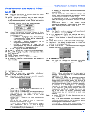 Page 81FONCTIONNEMENT AVEC MENUS À ICÔNES
19 z
FRANÇAIS
Fonctionnement avec menus à icônes
IMAGE 
Nota:Pour régler les rubriques du sous-menu lorsqu’elles sont en
surbrillance, appuyer sur VOL X. 
ˆMODE - Permet de choisir un des trois modes préréglés
d’image selon le visionnement.
 Le réglage de la température
de la couleur sera également modifié lorsque cette fonction
est activée.
Mode Image - Réglages implicites de la température couleur
Nota:Chaque mode possède ses propres réglages de l’image
(couleur,...