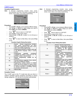 Page 29ICON MENUS OPERATION
27 z
ENGLISH
LOCK (cont.)
Canadian English (cont.)
Note:E (Exempt) programming includes: news, sports,
documentaries and other information programming, talk
shows, music videos, and variety programming.        
Procedure 
• Press CH T or CH Sto move between different ratings.
• Use WVOLor VOLX to select ratings you want to
block (RED) and unblock (GREEN).
• Press  twice to return to V-CHIP SET.
• Press CH T to select HOW LONG?.
• Press WVOLor VOLXto select 12, 24, 48 hours or...