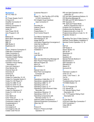 Page 33INDEX
31 z
ENGLISH
Numerics
3D Y/C Filter 23
A
AC Power Supply Cord 5
AI Sound 23
Amplifier Connection 8
Antenna 28
Antenna Connection 5
Aspect Button 9
Audio 23
Auto Power ON 29
Auto Program 6, 29
B
Balance 23
Basic Menu Navigation 22
Bass 23
BBE 23
BBE Button 9
Brightness 23
C
Cable / Antenna Connection 5
Cable Box Connection 7
Cable Connection 5
Canadian English 26
Canadian English Rating 
Description 27
Canadian French 27
Canadian French Rating 
Description 27
Care and Cleaning 4
Chan Banner 29...