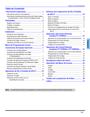 Page 39TABLA DE CONTENIDO
3 z
ESPAÑOL
Tabla de Contenido
 Información Importante.................................. 1
Información sobre la Convergencia ............................    2
Información Importante Acerca del Uso de Video Juegos,  
Computadoras, u Otros Tipos de Imágenes Fijas ...    2
Felicidades ....................................................... 4
Registro del Usuario ...................................................    4
Cuidado y Limpieza .......................................................