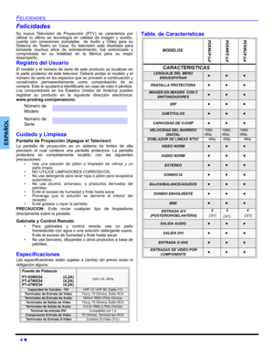 Page 404 z
FELICIDADES
ESPAÑOL
Felicidades
Su nueva Televisión de Proyección (PTV) se caracteriza por
utilizar lo último en tecnología en calidad de imagen y sonido,
cuenta con conexiones completas  de Audio y Video para su
Sistema de Teatro en Casa. Su televisión esta diseñada para
brindarle muchos años de entretenimiento, fué sintonizada y
comprobada en su totalidad en la fábrica para su mejor
desempeño.
Registro del Usuario
El modelo y el número de serie de este producto se localizan en
la parte posterior de...