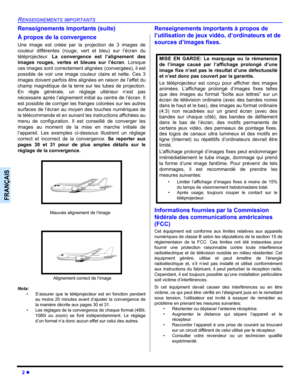 Page 722 z
RENSEIGNEMENTS IMPORTANTS
FRANÇAIS
Renseignements importants (suite)
À propos de la convergence
Une image est créée par la projection de 3 images de
couleur différentes (rouge, vert et bleu) sur l’écran du
téléprojecteur. La convergence est l’alignement des
images rouges, vertes et bleues sur l’écran. Lorsque
ces images sont correctement alignées (convergées), il est
possible de voir une image couleur claire et nette. Ces 3
images doivent parfois être alignées en raison de l’effet du
champ magnétique...