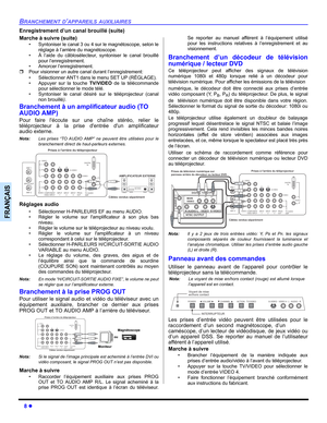 Page 788 z
BRANCHEMENT D’APPAREILS AUXILIAIRES
FRANÇAIS
Enregistrement d’un canal brouillé (suite) 
Marche à suivre (suite)
• Syntoniser le canal 3 ou 4 sur le magnétoscope, selon le
réglage à l’arrière du magnétoscope.
• À l’aide du câblosélecteur, syntoniser le canal brouillé
pour l’enregistrement.
• Amorcer l’enregistrement.
ˆPour visionner un autre canal durant l’enregistrement:
• Sélectionner ANT1 dans le menu SET UP (RÉGLAGE).
• Appuyer sur la touche TV/VIDEO de la télécommande
pour sélectionner le mode...