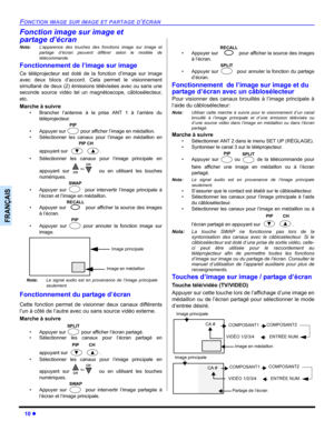 Page 8010 z
FONCTION IMAGE SUR IMAGE ET PARTAGE D’ÉCRAN
FRANÇAIS
Fonction image sur image et 
partage d’écran
Nota:L’apparence des touches des fonctions image sur image et
partage d’écran peuvent différer selon le modèle de
télécommande.
Fonctionnement de l’image sur image
Ce téléprojecteur est doté de la fonction d’image sur image
avec deux blocs d’accord. Cela permet le visionnement
simultané de deux (2) émissions télévisées avec ou sans une
seconde source vidéo tel un magnétoscope, câblosélecteur,
etc
....