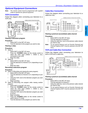 Page 9OPTIONAL EQUIPMENT CONNECTIONS
7 z
ENGLISH
Optional Equipment Connections
Note: The remote control must be programmed with supplied
codes to operate the optional equipment.
VCR Connection 
Follow this diagram when connecting your television to a
VCR only. 
Viewing a television program
Procedure
• Select ANT1 in the SET UP menu.
• Tune the television to the program you want to view.
Viewing a video
Procedure
ˆOption A
• Select ANT1 in the SET UP menu.
• Press the  TV/VIDEO button on the remote control to...