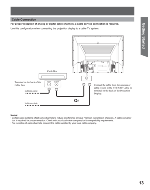 Page 1313
Getting Start edFor proper reception of analog or digital cable channels, a cable service connection is required.
Cable Connection
Cable Box
Terminal on the back of the 
Cable Box
In from cableConnect the cable from the antenna or 
cable system to the VHF/UHF Cable In 
terminal on the back of the Projection 
Display.
OrIn from cable
Use this conﬁ guration when connecting the projection display to a cable TV system.
Notes:
• Certain cable systems offset some channels to reduce interference or have...