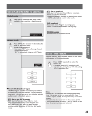 Page 3535
Basic Operation
Press SAP to select the next audio track (if 
available) when receiving a digital channel. 
Digital mode
Select Audio Mode for TV Viewing
Audio track 1 of 1
(English)
Analog mode
Press SAP button to select the desired audio 
mode as described below.
(Arrow shows selection.)
• Each press of SAP button will change the audio 
mode as shown below.
• “SAP” is selected with first press of SAP button.
SAP
SAP
STEREO
SAP
MONO
STEREO
SAP
MONO
Sleep Timer Feature
SLEEPPress SLEEP repeatedly to...