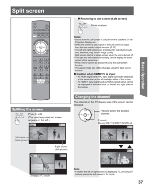 Page 3737
Basic Operation
POWER
SAP
LIGHT
MENU
123
45
6
78
09
RETURN
CH
CH VOL VOL
R-TUNE
REW
TV/VCRSPLIT       SWAP
DVD/VCR CH
OPEN/CLOSE
PLAY
PA U S E S T O P R E CFF
PROG
TV/VIDEOSLEEP EXIT
TV VCR DVD
DTV RCVR
DBS/CBLAUX
OK
MUTEASPECTFAVORITERECALL
Notes:
• Sound from the Left screen is output from the speakers on the 
Projection Display set.
• When the screen is split, signal of the Left screen is output 
from the rear monitor output terminal. (P.17).
• The left and right screens are processed by individual...