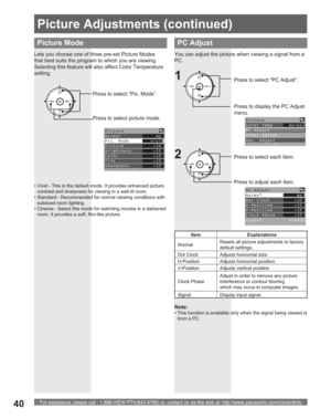 Page 40For assistance, please call : 1-888-VIEW PTV(843-9788) or, contact us via the web at: http://www.panasonic.com/contactinfo40
PC Adjust
Press to select “PC Adjust”.
Press to display the PC Adjust 
menu.CH
CH VOL VOL
OK1
Picture
Color Temp      Normal
PC Adjust
Other Adjust
Adv. Adjust
PC Adjust
Normal             No
Dot Clock         +10
H-Position        +10
V-Position        +10
Clock Phase       +10
Signal          VGA400
Press to select each item.
Press to adjust each item.2CH
CH VOL VOL
OK
Item...
