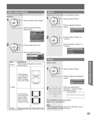 Page 5757
Advanced Op eration
Other adjust (Setup)About
Reset
Other adjust
Normals    Noq
H-Width        Shrink
V-Size            +10
Setup
About
Reset
Setup
About
Reset
About
Version
License
CableCARD
CH
CH VOL VOL
OK
CH
CH VOL VOL
OK
Display the TV set Version and Software License.
Press to select “About”.
Press to display the About 
screen.
Press to select “Version” or 
“License”.
Press to display “Version” or 
“License”.
Setup is reset.
CH
CH VOL VOL
OK
Enter password.
----
Enter your password by...