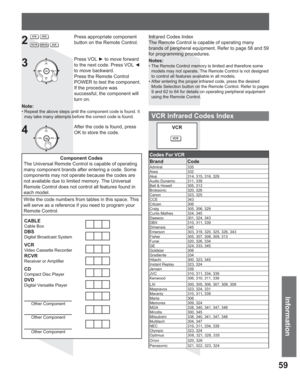 Page 5959
Information
3
4 2
Press appropriate component 
button on the Remote Control.
Press VOL y to move forward 
to the next code. Press VOL {
to move backward.
Press the Remote Control 
POWER to test the component. 
If the procedure was 
successful, the component will 
turn on.
After the code is found, press 
OK to store the code.
Component Codes
The Universal Remote Control is capable of operating 
many component brands after entering a code. Some 
components may not operate because the codes are 
not...