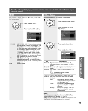 Page 4343
Advanced Op er a tion
Notes:
• Sound signals are output from the rear AUDIO OUT and 
DIGITAL AUDIO OUT terminal. (PP. 18-19).
• When volume is adjusted or the MUTE button is pressed from 
the Remote Control, a message will be displayed.
Other Adjust
Press to select “Other Adjust”.
Press to display the Other 
Adjust menu.CH
CH VOL VOL
OK1
Press to select each item.
Press to adjust each item.2CH
CH VOL VOL
OK
Item Explanations
AI Sound Equalize overall volume levels across all 
channels. (AI sound is...