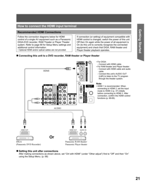 Page 2121
Getting Start edHow to connect the  HDMI input terminal
HDMI OUT HDMI OUTAUDIO IN
Recommended HDMI Connections
Follow the connection diagrams below for HDMI 
control of a single AV equipment such as a Panasonic 
DIGA-DVD recorder, RAM Theater or Player Theater 
system. Refer to page 68 for Setup Menu settings and 
additional control information.
• Optional HDMI and/or optical cables are not provided.
If connection (or setting) of equipment compatible with 
HDMI control is changed, switch the power of...