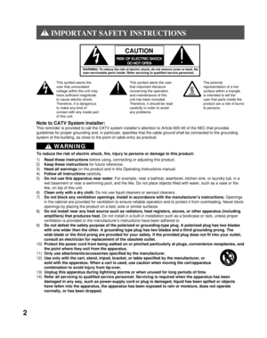 Page 22
1) Read these instructions before using, connecting or adjusting this product.
2) Keep these instructions for future reference.
3) Heed all warnings on the product and in this Operating Instructions manual.
4) Follow all instructions carefully.
5) Do not use this apparatus near water. For example, near a bathtub, washbowl, kitchen sink, or laundry tub, in a 
wet basement or near a swimming pool, and the like. Do not place objects filled with water, such as a vase or the 
like, on top of this unit.
6)...