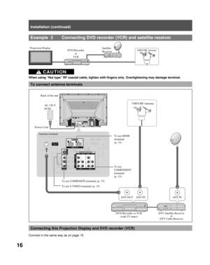Page 1616
Example  3   Connecting DVD recorder (VCR) and satellite receiver
DVD Recorder
or 
VCR Projection DisplayVHF/UHF AntennaSatellite 
Receiver
ANT OUT ANT IN Antenna terminalBack of the unit
VHF/UHF Antenna
Power Cord
To use HDMI 
terminals 
(p. 15)
To use 
COMPONENT 
terminals 
(p. 15)
To use COMPOSITE terminals (p. 15)
To use S VIDEO terminals (p. 15)
DVD Recorder or VCR
(with TV tuner)ANT IN
Connecting this Projection Display and DVD recorder (VCR)
Connect in the same way as on page 15.
Installation...