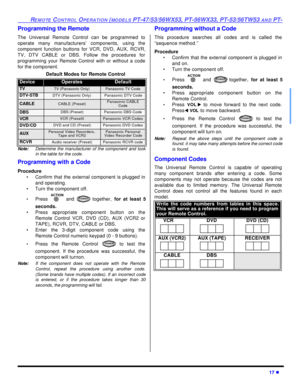 Page 19REMOTE CONTROL OPERATION (MODELS PT-47/53/56WX53, PT-56WX33, PT-53/56TW53 AND PT-17 lProgramming the Remote
The Universal Remote Control can be programmed to
operate many manufacturers’ components, using the
component function buttons for VCR, DVD, AUX, RCVR,
TV, DTV CABLE or DBS. Follow the procedures for
programming your Remote Control with or without a code
for the component.
Note:Determine the manufacturer of the component and look
in the table for the code.
Programming with a Code
Procedure
•Confirm...