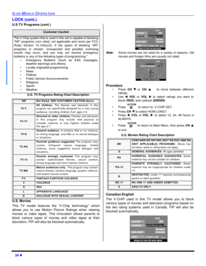 Page 2624 lICON MENUS OPERATIONLOCK (cont.)
U.S TV Programs (cont.)
U.S. TV Programs Rating Chart Description
 
U.S. Movies
This TV model features the “V-Chip technology” which
allows you to use Motion Picture Ratings when viewing
movies or video tapes. This innovation allows parents to
block various types of movies and video tapes at their
discretion. PIP will also be blocked automatically. 
Note:Some movies are not rated for a variety of reasons. Old
movies and foreign films are usually not rated....