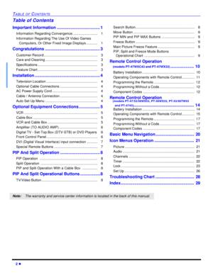 Page 42 lTABLE OF CONTENTSTable of Contents
Important Information.....................................1
Information Regarding Convergence..........................   1
Information Regarding The Use Of Video Games
Computers, Or Other Fixed Image Displays............   1
Congratulations...............................................3
Customer Record........................................................   3
Care and Cleaning......................................................   3...