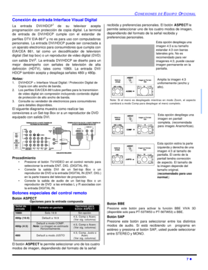 Page 41CONEXIONES DE EQUIPO OPCIONAL7 lConexión de entrada Interface Visual Digital
La entrada DVI/HDCP1 
de su televisor acepta
programación con protección de copia digital. La terminal
de entrada de DVI/HDCP cumple con el estandar de
perfiles DTV EIA-8612
 y no es para uso con computadoras
personales. La entrada DVI/HDCP puede ser conectada a
un aparato electronico para consumidores que cumpla con
EIA/CEA 861, tal como un decodificador de television
digital (Set top box) o un reproductor de video digital...