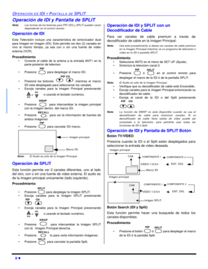 Page 428 lOPERACIÓN DE IDI Y PANTALLA DE SPLITOperación de IDI y Pantalla de SPLIT
Nota:Las formas de los botones para PIP (IDI) y SPLIT pueden variar
dependendo en el control remoto.
Operación de IDI
Esta Televisión incluye una característica de sintonizador dual
para Imagen en Imagen (IDI). Esto permite ver dos (2) canales en
vivo al mismo tiempo, ya sea con o sin una fuente de vídeo
externa (VCR).
Procedimiento
•Conecte el cable de la antena a la entrada ANT1 en la
parte posterior de televisor.
•Presione...