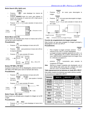 Page 43OPERACIÓN DE IDI Y PANTALLA DE SPLIT9 lBotón Search (IDI y Split) cont.
•Presione  para desplegar los marcos de
busqueda.
•Presione SEARCH botón de nuevo para detener la
función de busqueda. El canal de la IDI ó Split será el
último marco activo.
•Presione  ó  para cancelar el marco de la
IDI ó Split. 
Botón Move (sólo IDI) 
Esta función es utilizada para mover el marco de la IDI a
una de las cuatro esquinas.
Procedimiento
•Presione  para desplegar el marco de la IDI.
•Presione  para posicionar el marco...