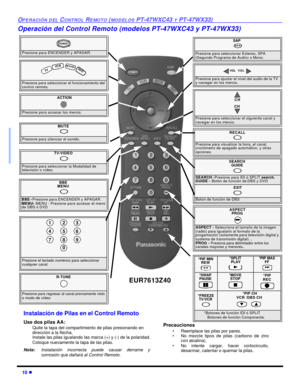 Page 4410 lOPERACIÓN DEL CONTROL REMOTO (MODELOS PT-47WXC43 Y PT-47WX33)Operación del Control Remoto (modelos PT-47WXC43 y PT-47WX33)                Presione para ENCENDER y APAGAR.POWERMUTE
 Presione para silenciar el sonido.SAP
 Presione para seleccionar Estereo, SPA 
(Segundo Programa de Audio) o Mono.TV/VIDEO
 Presione para seleccionar la Modalidad de 
televisión o vídeo.Presione para seleccionar el funcionamiento del 
control remoto.   TV VCRDBS/CBL DVDACTIONPresione para accesar los menús.Presione para...