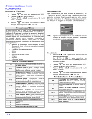 Page 5824 lOPERACIÓN DEL MENU DE ICONOSBLOQUEO (cont.)
Programas de EEUU (cont.)
•Presione  dos veces para regresar V-CHIP SET.
•Presione CH q para realzar TIEMPO?
•Presione tVOL ó VOL u para seleccionar 12, 24, 48
horas ó SIEMPRE.
•Presione  dos veces para regresar al Menu
Principal, despues presione CH p para salir.
Tabla De Programas De EEUU
 Peliculas de EEUU
Las características de este modelo de televisión y la
“Tecnología V-CHIP” permite usar clasificaciones al ver
películas o vídeos. Esta innovación...