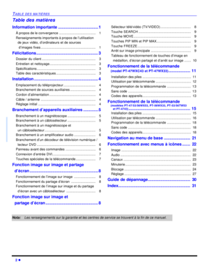 Page 682 lTABLE DES MATIÈRESTable des matières
Information importante...................................1
À propos de le convergence.......................................   1
Renseignements importants à propos de l’utilisation
de jeux vidéo, d’ordinateurs et de sources 
d’images fixes..........................................................   1
Félicitations......................................................3
Dossier du client.........................................................   3
Entretien et...