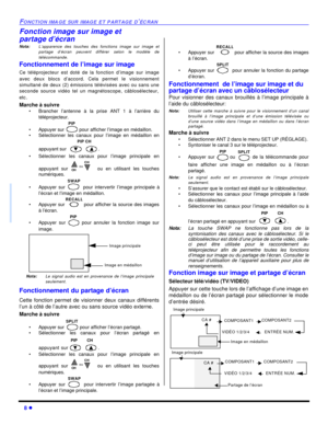 Page 748 lFONCTION IMAGE SUR IMAGE ET PARTAGE D’ÉCRANFonction image sur image et 
partage d’écran
Nota:L’apparence des touches des fonctions image sur image et
partage d’écran peuvent différer selon le modèle de
télécommande.
Fonctionnement de l’image sur image
Ce téléprojecteur est doté de la fonction d’image sur image
avec deux blocs d’accord. Cela permet le visionnement
simultané de deux (2) émissions télévisées avec ou sans une
seconde source vidéo tel un magnétoscope, câblosélecteur,
etc.
Marche à suivre...