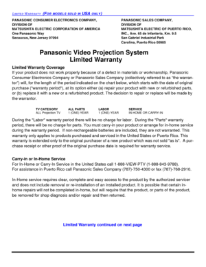 Page 98LIMITED WARRANTY  (FOR MODELS SOLD IN USA ONLY)PANASONIC CONSUMER ELECTRONICS COMPANY, PANASONIC SALES COMPANY,
DIVISION OFDIVISION OF
MATSUSHITA ELECTRIC CORPORATION OF AMERICA  MATSUSHITA ELECTRIC OF PUERTO RICO, 
One Panasonic Way INC., Ave. 65 de Infanteria, Km. 9.5
Secaucus, New Jersey 07094San Gabriel Industrial Park
Carolina, Puerto Rico 00985
Panasonic Video Projection System
Limited Warranty
Limited Warranty Coverage
If your product does not work properly because of a defect in materials or...