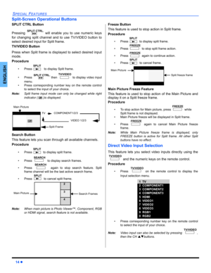 Page 1614z
SPECIAL FEATURES
ENGLISH
Split-Screen Operational Buttons
SPLIT CTRL Button  
Pressing   will enable you to use numeric keys
for changing split channel and to use TV/VIDEO button to
select desired input for Split frame.
TV/VIDEO Button   
Press when Split frame is displayed to select desired input
mode. 
Procedure
• Press    to display Split frame.
• Press   then   to display video input
menu.
• Press corresponding number key on the remote control
to select the input of your choice.
Note:Split frame...