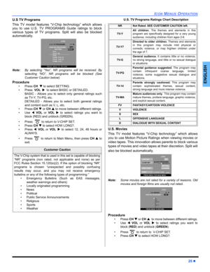 Page 27ICON MENUS OPERATION
25z
ENGLISH
U.S TV Programs
This TV model features “V-Chip technology” which allows
you to use U.S. TV PROGRAMS Guide ratings to block
various types of TV programs. Split will also be blocked
automatically.   
Note:By selecting “Yes”, NR programs will be received. By
selecting “NO”, NR programs will be blocked (See
Customer Caution below). 
Procedure 
• Press CHT to select SETTING.
• Press  VOLX  to select BASIC or DETAILED.
BASIC - Allows you to select only general ratings such
as...