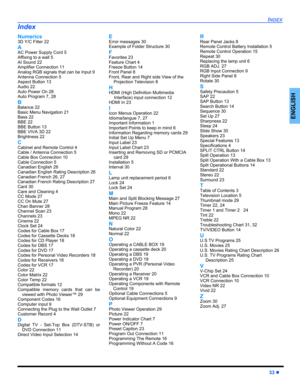 Page 35INDEX
33z
ENGLISH
Numerics3D Y/C Filter 22
AAC Power Supply Cord 5
Affixing to a wall 5
AI Sound 22
Amplifier Connection 11
Analog RGB signals that can be Input 9
Antenna Connection 5
Aspect Button 13
Audio 22
Auto Power On 28
Auto Program 7, 28
BBalance 22
Basic Menu Navigation 21
Bass 22
BBE 22
BBE Button 13
BBE VIVA 3D 22
Brightness 22
CCabinet and Remote Control 4
Cable / Antenna Connection 5
Cable Box Connection 10
Cable Connection 5
Canadian English 26
Canadian English Rating Description 26...