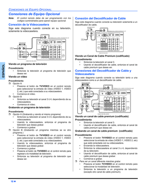 Page 4810z
CONEXIONES DE EQUIPO OPCIONAL
ESPAÑOL
Conexiones de Equipo Opcional
Nota:El control remoto debe de ser programando con los
codigos suministrados para operar equipo opcional.
Conexión de la Videocasetera 
Siga este diagrama cuando conecte en su televisión,
solamente la videocasetera.  
Viendo un programa de televisión
Procedimiento
 Sintonize la televisión al programa de televisión que
desea ver.
Viendo un vídeo
Procedimiento
ˆOpción A
 Presione el botón de TV/VIDEO en el control remoto
para...