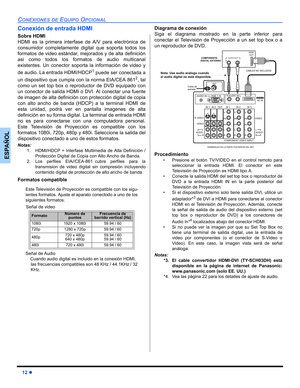 Page 5012z
CONEXIONES DE EQUIPO OPCIONAL
ESPAÑOL
Conexión de entrada HDMI
Sobre HDMI
HDMI es la primera interfase de A/V para electrónica de
consumidor completamente digital que soporta todos los
formatos de video estándar, mejorados y de alta definición
asi como todos los formatos de audio multicanal
existentes. Un conector soporta la información de video y
de audio. La entrada HDMI/HDCP
1 puede ser conectada a
un dispositivo que cumpla con la norma EIA/CEA 861
2, tal
como un set top box o reproductor de DVD...