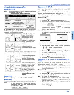 Page 51CARACTERÍSTICAS ESPECIALES
13z
ESPAÑOL
Características especiales 
Botón ASPECT
Nota:La característica de ASPECT no está disponible durante
los modos de HDMI y RGB. 
El botón ASPECT le permite seleccionar uno de los cuatro 
modos de imagen, dependiendo del formato de la señal 
recibida y preferencias personales.  
Botón BBE
Presione este botón para activar la función BBE VIVA 3D.
Botón SAP
Presione este botón para seleccionar entre los distintos modos de
audio. 
 Si está recibiendo un  programa en...