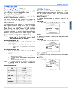 Page 9POWER ON/OFF
7z
ENGLISH
POWER ON/OFF
Connecting the Plug to the Wall Outlet
The projection TV must first be plugged into an AC outlet.
The projection TV will then be in standby mode.
Turning the Power ON and OFF
Always be sure to follow the procedure below to turn the
Projection Television power ON and OFF.
The lamp cooling fan will continue to operate for
approximately one minute after the power is turned off by
the remote control.
After the cooling fan has stopped, the power indicator will
not...