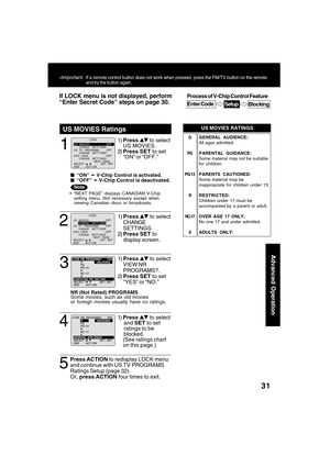 Page 3131
Advanced Operation
1
1)Press  to select
US MOVIES.
2)Press SET to set
“ON” or “OFF.”
If LOCK menu is not displayed, perform
“Enter Secret Code” steps on page 30.
  “ON” 
➛ ➛➛ ➛
➛ V-Chip Control is activated.
  “OFF” 
➛ ➛➛ ➛
➛ V-Chip Control is deactivated.
US MOVIES Ratings
Process of V-Chip Control Feature
Blocking
Enter CodeSetup
G
PG
PG-13
R
NC-17
XGENERAL AUDIENCE:
All ages admitted.
PARENTAL GUIDANCE:
Some material may not be suitable
for children.
PARENTS CAUTIONED:
Some material may be...