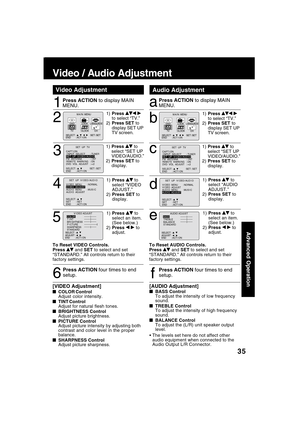 Page 3535
Advanced Operation
1
Press ACTION to display MAIN
MENU.
Audio AdjustmentVideo Adjustment
6
Press ACTION four times to end
setup.
1)Press  to select “TV.”
2)Press SET to
display SET UP
TV screen.2
M A I N  MENU
DVDLOCK
CH
CLOCKTV
LANGUAGE
END         : ACT I ON SELECT  :                            SET : SET 
531
1)Press  to
select “SET UP
VIDEO/AUDIO.”
2)Press SET to
display.
3
1)Press  to
select “VIDEO
ADJUST.”
2)Press SET to
display.
4
To Reset VIDEO Controls.
Press  and SET to select and set...