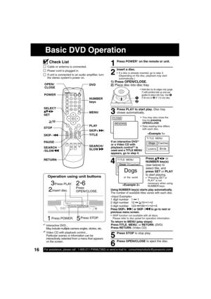 Page 1616For assistance, please call : 1-800-211-PANA(7262) or send e-mail to : consumerproducts@panasonic.com16
*1Interactive DVD...
May include multiple camera angles, stories, etc.
*
2Video CD with playback control...
Particular scenes or information can be 
interactively selected from a menu that appears 
on the screen.
Operation using unit buttons
Basic DVD Operation
NUMBER
keys POWEROPEN /
CLOSEDVD
  10
TITLE
MENU
PLAY
SEARCH /
SLOW 
 
RETURNSKIP+ 
 
SEARCH 
/SLOW
 
STOP
PAU S E SKIP- 
Press PLAY.
Insert...