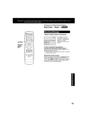 Page 313131
Advanced Operation
*Important: If a remote control button does not work when pressed, press the FM/TV button on the 
remote and try the button again.
Blocking Message
  If a program or movie 
exceeds the ratings you 
have set, a message will 
appear on a black 
background and sound is 
muted.

To View a Blocked Program/Movie
[Temporarily Deactivate V-Chip Control]
Enter your secret code (ACCESS CODE) in the 
Blocking Message screen.
  V-Chip Control is reactivated when power is turned off 
or...