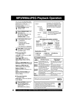 Page 4242For assistance, please call : 1-800-211-PANA(7262) or send e-mail to :\
 consumerproducts@panasonic.com42For assistance, please call : 1-800-211-PANA(7262) or send e-mail to :\
 consumerproducts@panasonic.com
MP3/WMA/JPEG Playback Operation
PLAY
   PLAY   MODE : NORMAL
00 :  00  :  00   ROOT                   . .               
  My favorite           CAR1
  TECHNO             CAR2
  POPS                  END_WALTZ  JAZZ                   PICTURES
                              
1
Press POWER*  on the...