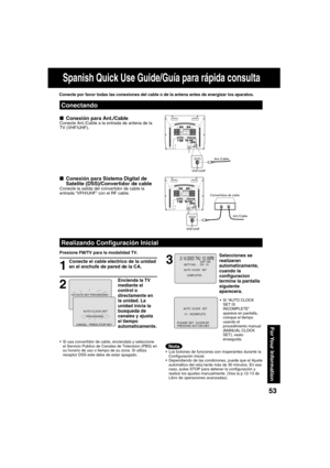 Page 535353
For Your  Information
■  Conexión para Ant./CableConecte Ant./Cable a la entrada de antena de la 
TV (VHF/UHF). Conecte por favor todas las conexiones del cable o de la antena antes de energizar los aparatos.
1
Conecte el cable electrico de la unidad 
en el enchufe de pared de la CA. 
Realizando Con guración Inicial
2
Encienda la TV 
mediante el 
control o 
directamente en 
la unidad. La 
unidad inicia la 
busqueda de 
canales y ajusta 
el tiempo 
automaticamente.
■  Conexión para Sistema Digital de...