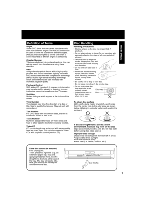 Page 777
Initial Setup
Handling precautions  Sticking a label on the disc may impair DVD-R 
playback.
  Do not attach sticker to discs. (Do not use discs with 
exposed adhesive from tape or left over peeled-off 
stickers.)
  Only hold disc by edges as 
shown. Fingerprints, dirt, and 
scratches can cause skipping 
and distortion.
  Do not write on label side of 
disc.
  Never use record cleaning 
sprays, benzine, thinner, 
static electricity prevention 
liquids, or any other 
solvent.
  Be careful not to...